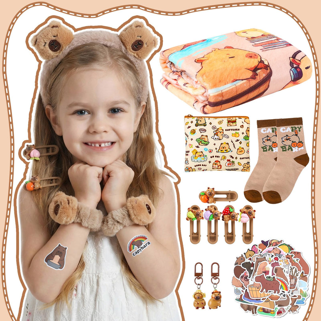 Ovveroche Capybara Gift Set for Girls Cozy Plush Blanket 2 Keychains 55 Stickers Socks Hair Clips Headband Coin Purse Cute Birthday