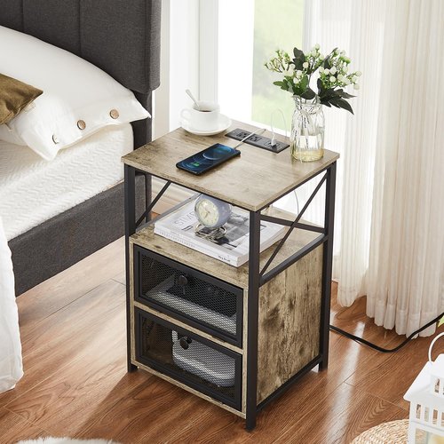 VECELO Dust Grey End Table with USB Ports and Outlets,24 Inch Nightstands with Charging Station and Storage Shelf for Bedroom,Living Room, 1 Set