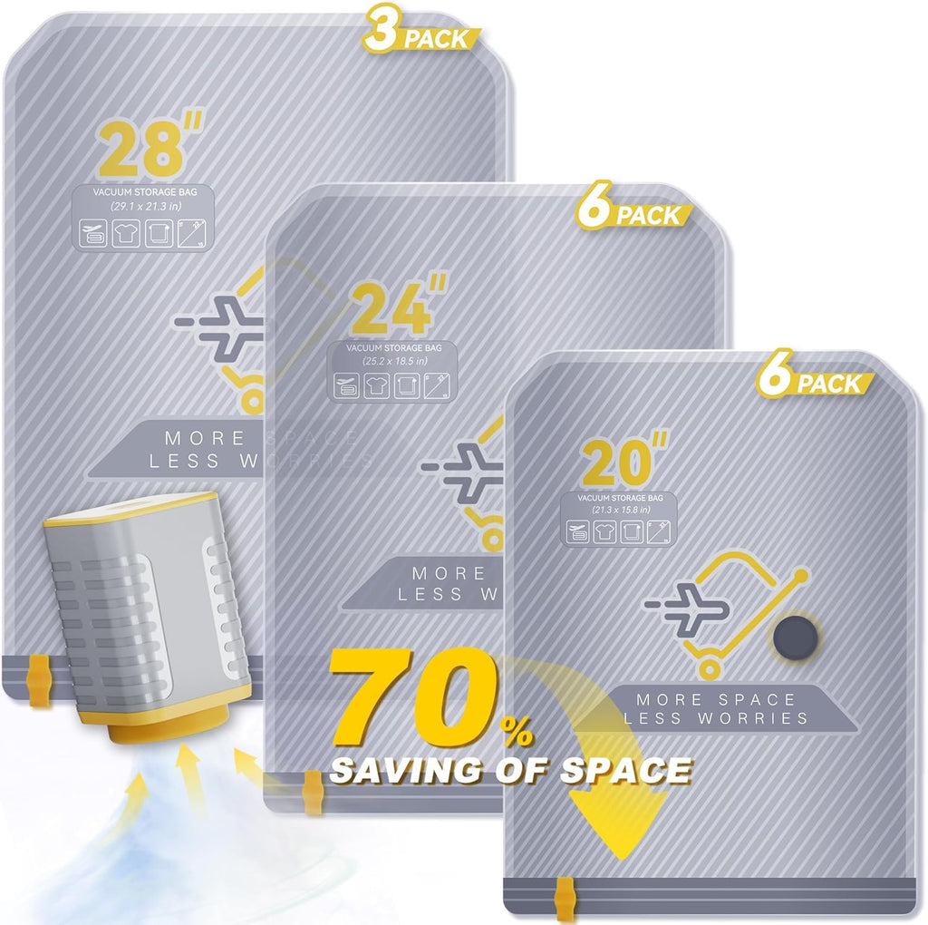 Skiennix 15-Pack Vacuum Bags - Travel Compression Packing Bags with Wireless Pump | Carry-On Size