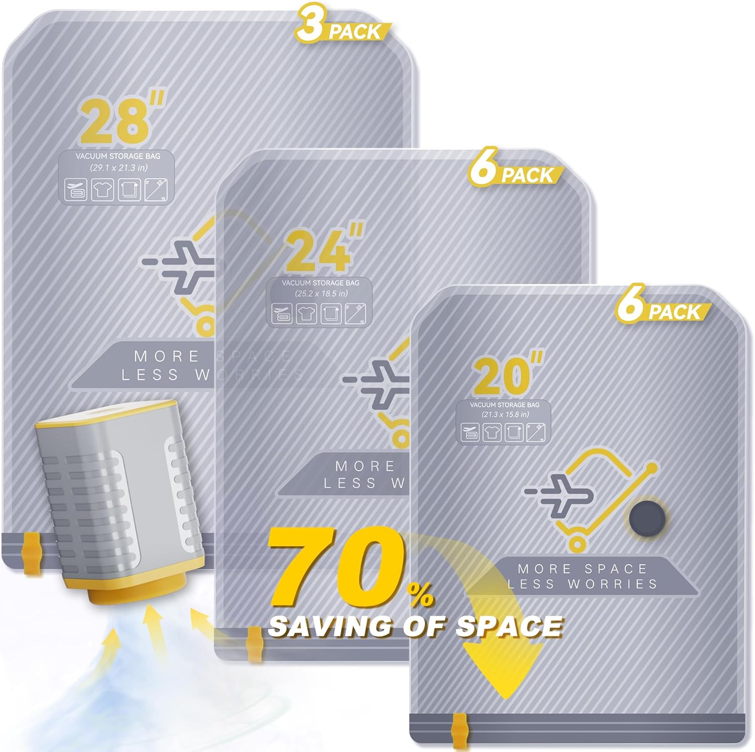 Skiennix 15-Pack Vacuum Bags - Travel Compression Packing Bags with Wireless Pump | Carry-On Size