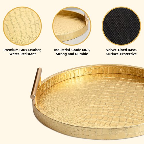 JUMBO HUMBLE Modern Decorative Tray Set of 2, Wooden Round Crocodile Leather Tray with Polished Metal Handles, Decorative Serving Trays Coffee Table Trays Ottoman Platter for Home Decor (Golden)