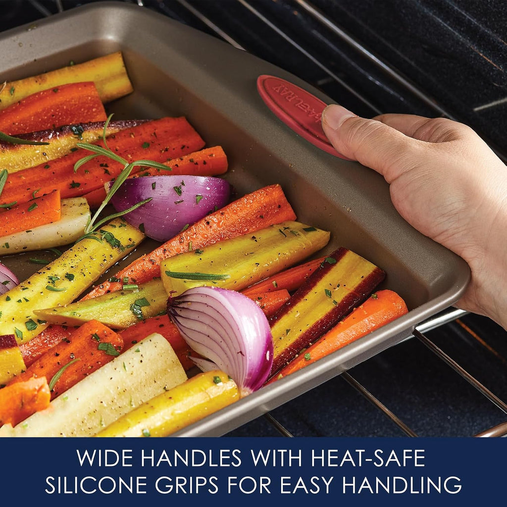 Rachael Ray Cucina Nonstick Bakeware Set - 10-Piece Baking Essentials in Latte Brown with Cranberry Red Grips