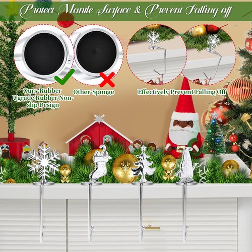 Christmas Stocking Holders for Mantel Set of 4, Non-Slip Adjustable Mantle Stocking Holders, Snowflake Snowman Reindeer Pine Tree Fireplace Stocking Hangers Set for Party Christmas Decorations