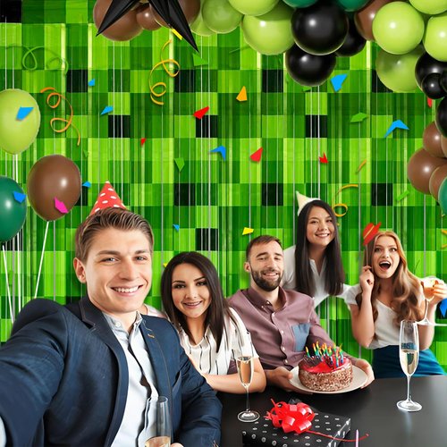 PIONUX 2 Pack Green Foil Fringe Curtains Pixel Birthday Backdrop, 3.2x6.6ft Video Game Door Streamers for Boys Gaming Birthday Party Decorations Supplies Favors