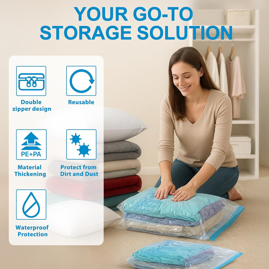 Skiennix Vacuum Seal Bags - 12 Pack Space-Saving Storage Bags with Portable Electric Pump for Travel