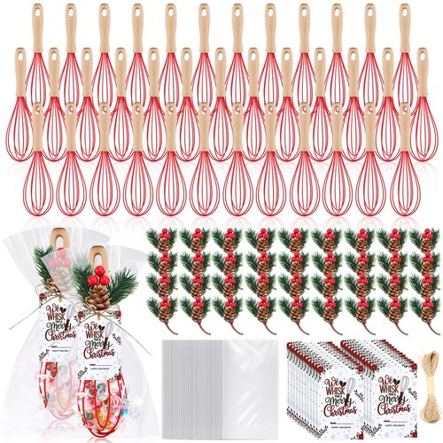 Acellegic 48 Set Christmas Whisks Gifts 10 Inch DIY Fillable Christmas Tree Ornaments Include Silicone Whisk, Greeting Card, Xmas Pine Needles, Plastic Bags, Ropes for Mom Neighbor Cooking Gift