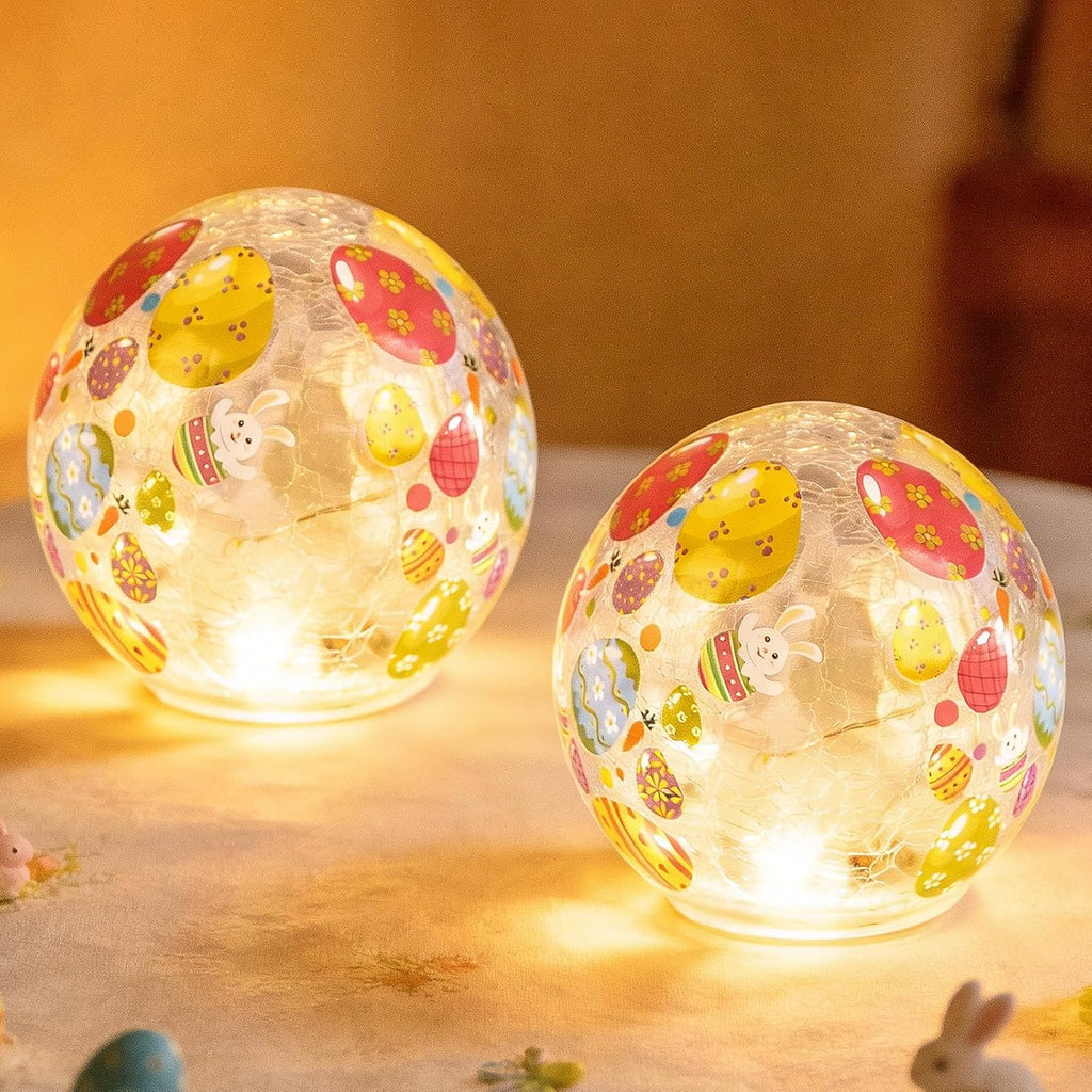 Skiennix Easter Glass Ball Lights - 2PCS 3.93'' LED Bunny Egg Decorations | Battery Operated Tabletop Lamps