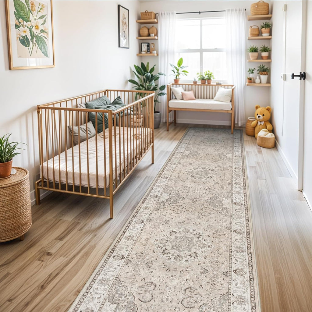 Skiennix Vintage Washable Hallway Runner Rug - Non-Slip Soft Low-Pile Carpet | Beige 3x12 for Entryway & Living Room
