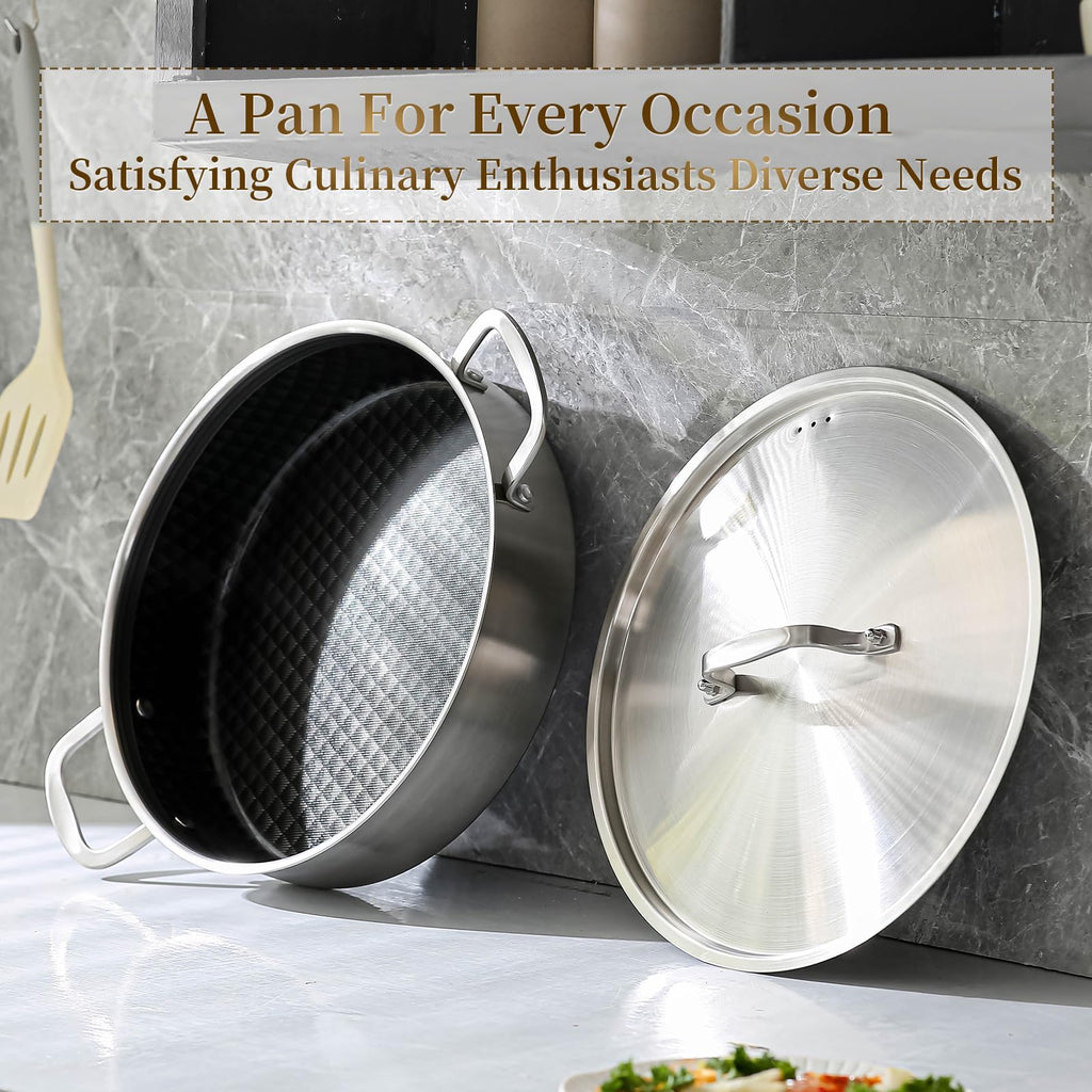 DELARLO Tri-Ply Stainless Steel Braiser Pan with Lid 5 Quart Nonstick Induction Cooking Rondeau Pot 12 Inch Deep Frying Pan Large Saute Pan Heavy Duty, Dishwasher and Oven Safe to 550℉
