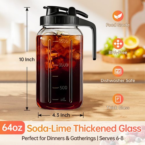 64oz Glass Pitcher with Lid & Spout – 2 Quart Mason Jars, Airtight & Leakproof Breastmilk Pitcher for Cold Brew Coffee, Sun Tea, Water, Juice – Wide Mouth, Fridge Safe