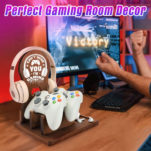JSENGIFT Gamer Gifts for Men Teen Boy, Gamer Accessories Stuff, Gaming Gifts for Son Boyfriend Husband Wooden Headphone Stand