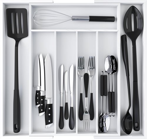 Utopia Kitchen Expandable Bamboo Utensil Drawer Organizer, Silverware Organizer for Cutlery, Flatware Holder (5-7 Slots, White) - Pack of 1