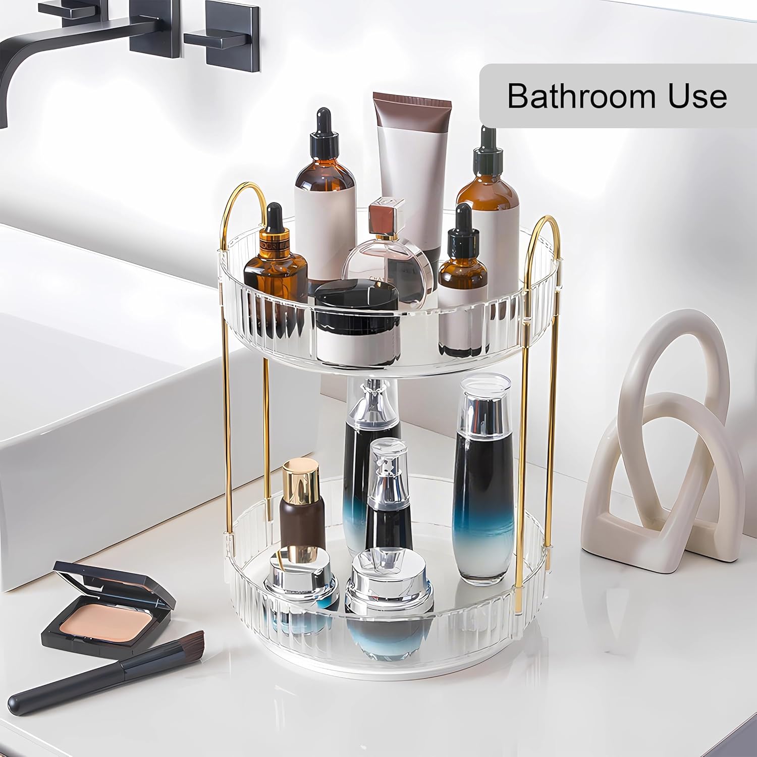 YCIA&DONE 360 Rotating Makeup Organizer - High Capacity Cosmetic & Skincare Storage | Clear White, 2 Tiers