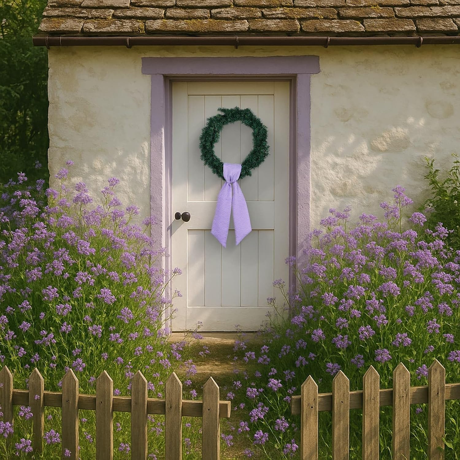 Purple Gingham Wreath Bow Set by Elegant Farmhouse - 2 Pack Door Decoration, 5.12" Wide x 54.33" Each