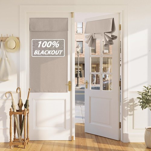 RYB HOME 100% Blackout Linen Door Window Curtains for French Door, Tricia Room Darkening Adhesive Privacy Assured Thermal Insulated Blinds for Kitchen Glass Window, W 26 x L 40, 1 Panel, Sand