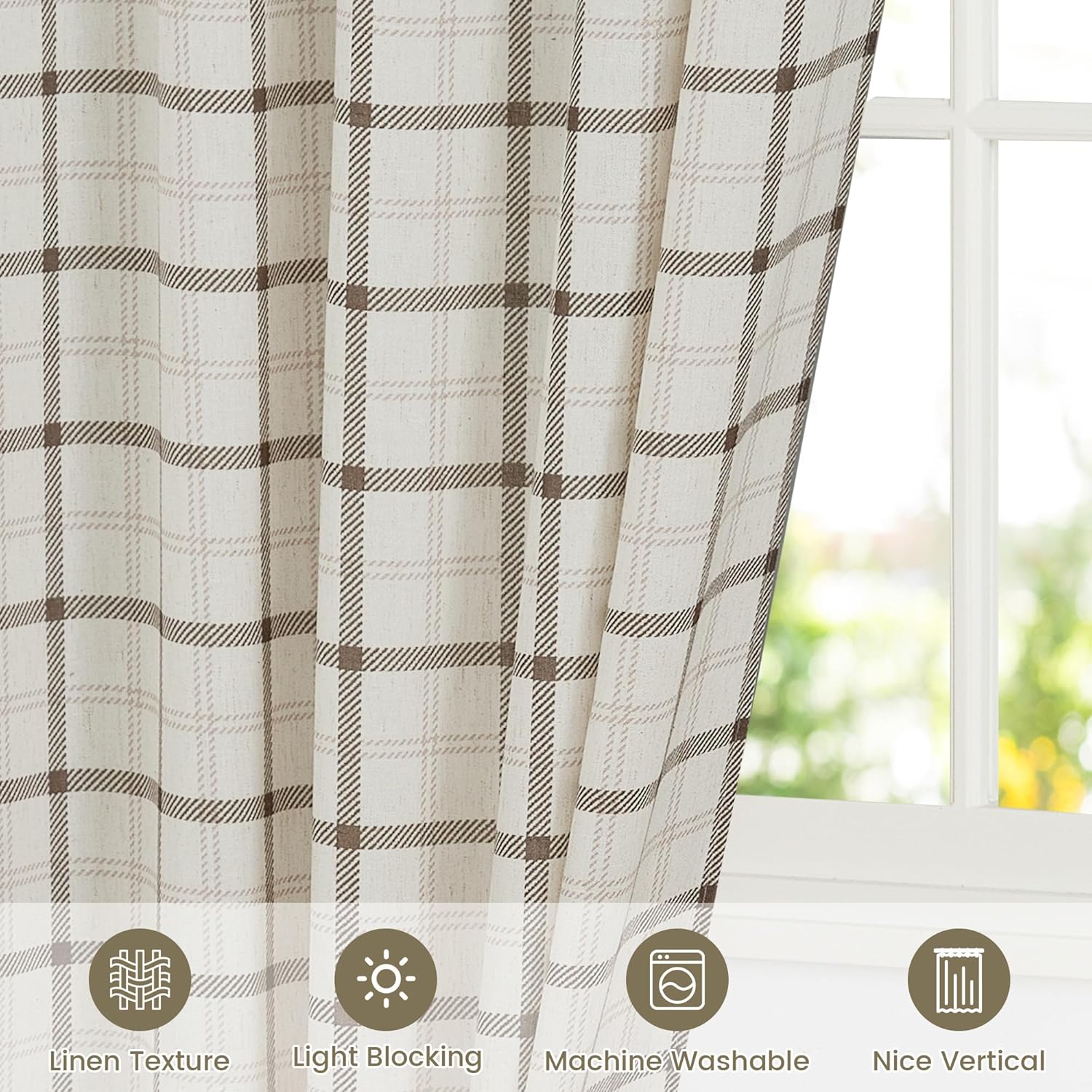 NICETOWN Plaid Window Curtain - 84-Inch Linen Sheer Drapes for Living Room & Bedroom | 52" x 84", White, 1 Pair