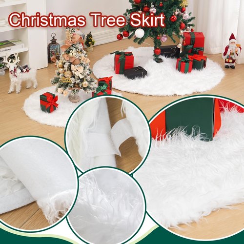 Christmas Tree Skirt, 24 Inch Faux Fur White Tree Skirt Small Snowy White Plush Velvet Xmas Tree Mat Base Cover for Holiday Home Party Decorations