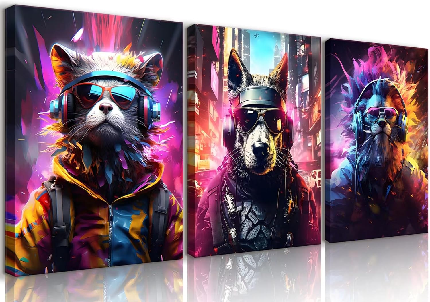 QGNBGBJ Framed Gaming Posters - Colorful Graffiti Animal Wall Art | Watercolor Cat, Dog & Lion Prints (12x16in)