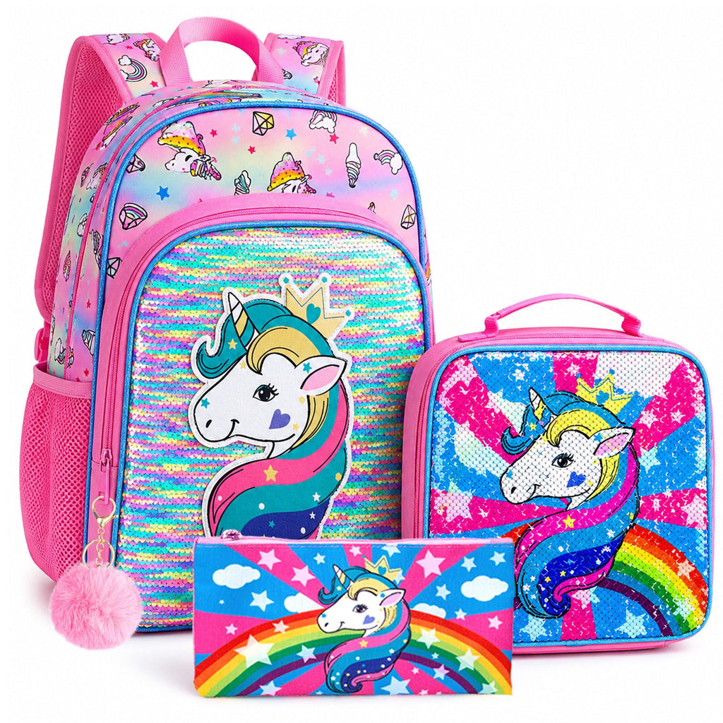 AGSDON 3PCS Unicorn Backpack for Girls, 16" Little Kids Sequin Preschool School Bookbag and Lunch Box