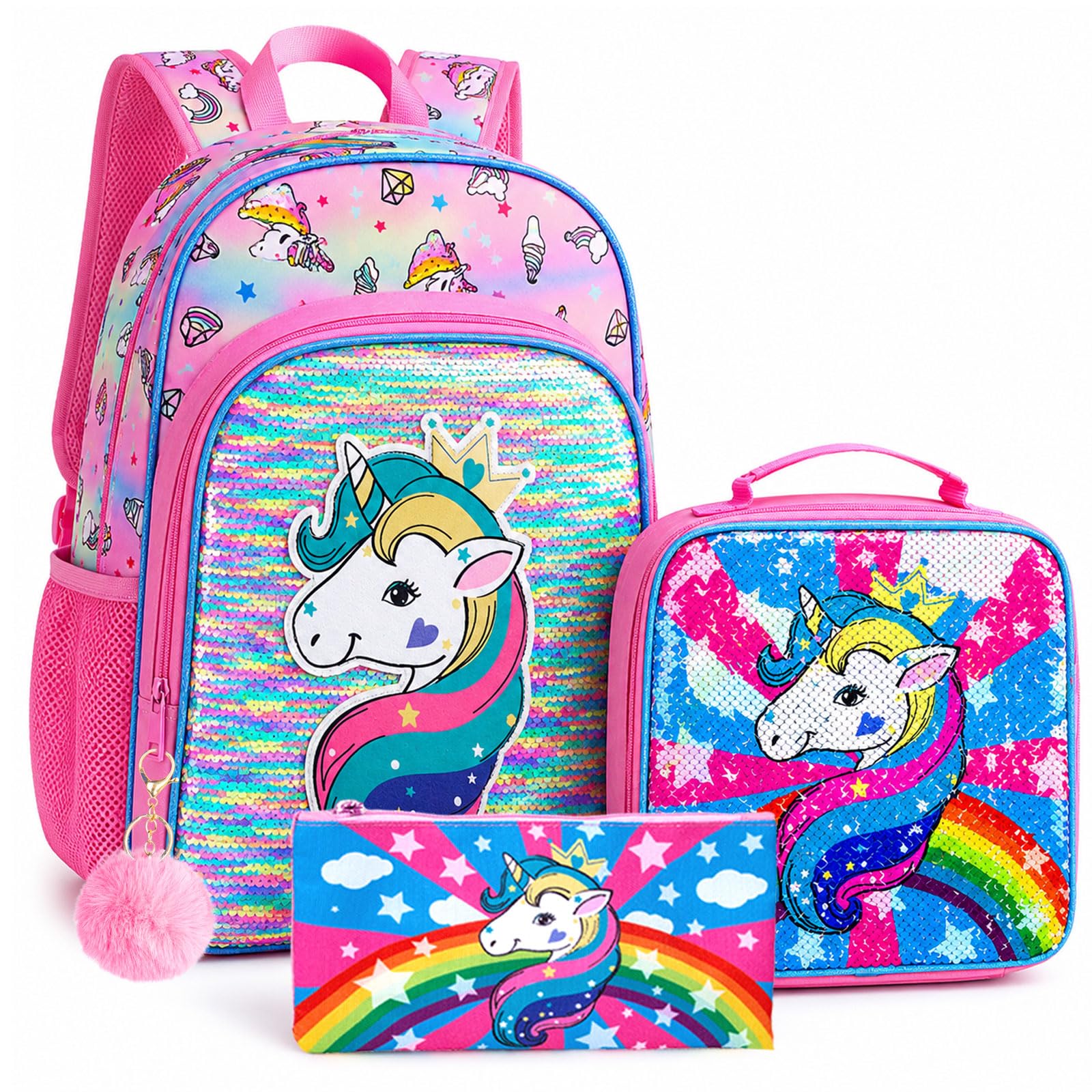 AGSDON 3PCS Unicorn Backpack for Girls, 16" Little Kids Sequin Preschool School Bookbag and Lunch Box