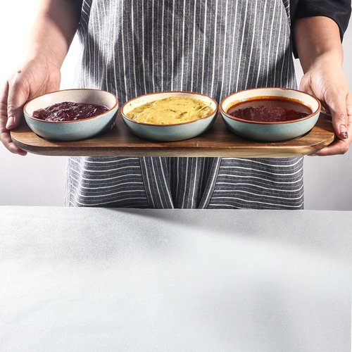 Artena 6oz Turquoise Ceramic Chips and Dip Platter - Acacia Wooden Tray & Small Bowls Set