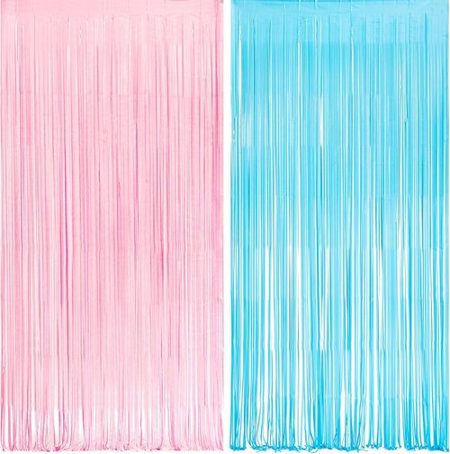 GREATRIL Photo Backdrop - Pink and Blue Foil Fringe Tinsel Streamers for Gender Reveal | 3.2ft X 8.2ft - 2 Packs