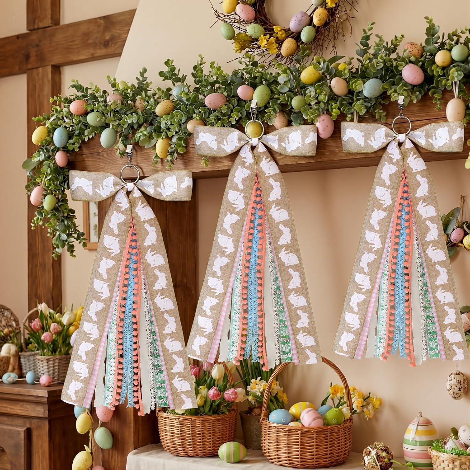 Suncalla Easter Ribbon Bows - 2 Pcs Large Rabbit Decorations for Front Door & Indoor/Outdoor Use