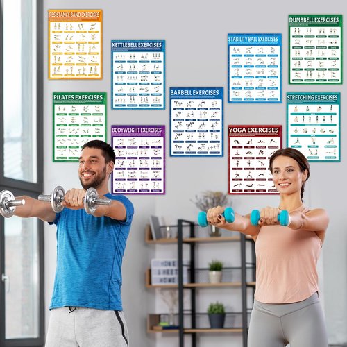 9Pcs Exercise Poster Set - Workout Charts for Dumbbells, Kettlebells, Yoga & More | Home Gym Decor