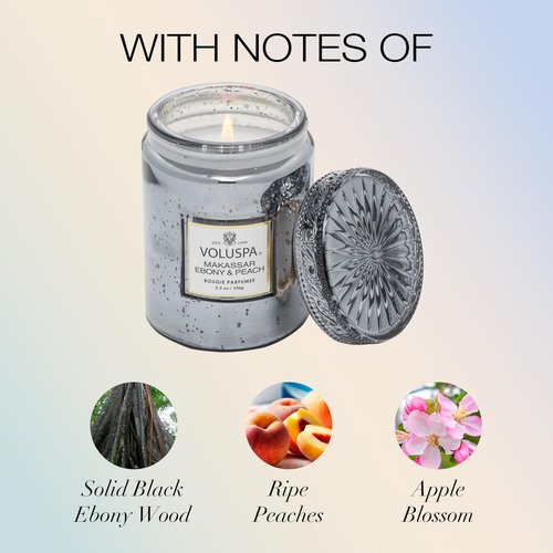 Voluspa Makassar Ebony & Peach, Small Candle Jar, 5.5 oz, 50 Hour Burn Time, Coconut Wax for Clean Burning, Handcrafted in The USA