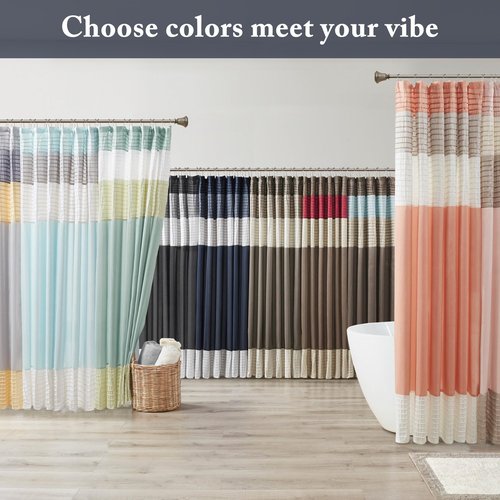Madison Park Amherst Bathroom Shower Curtain Faux Silk Pieced Striped Modern Microfiber Bath Curtains, 72x72 Inches, Navy