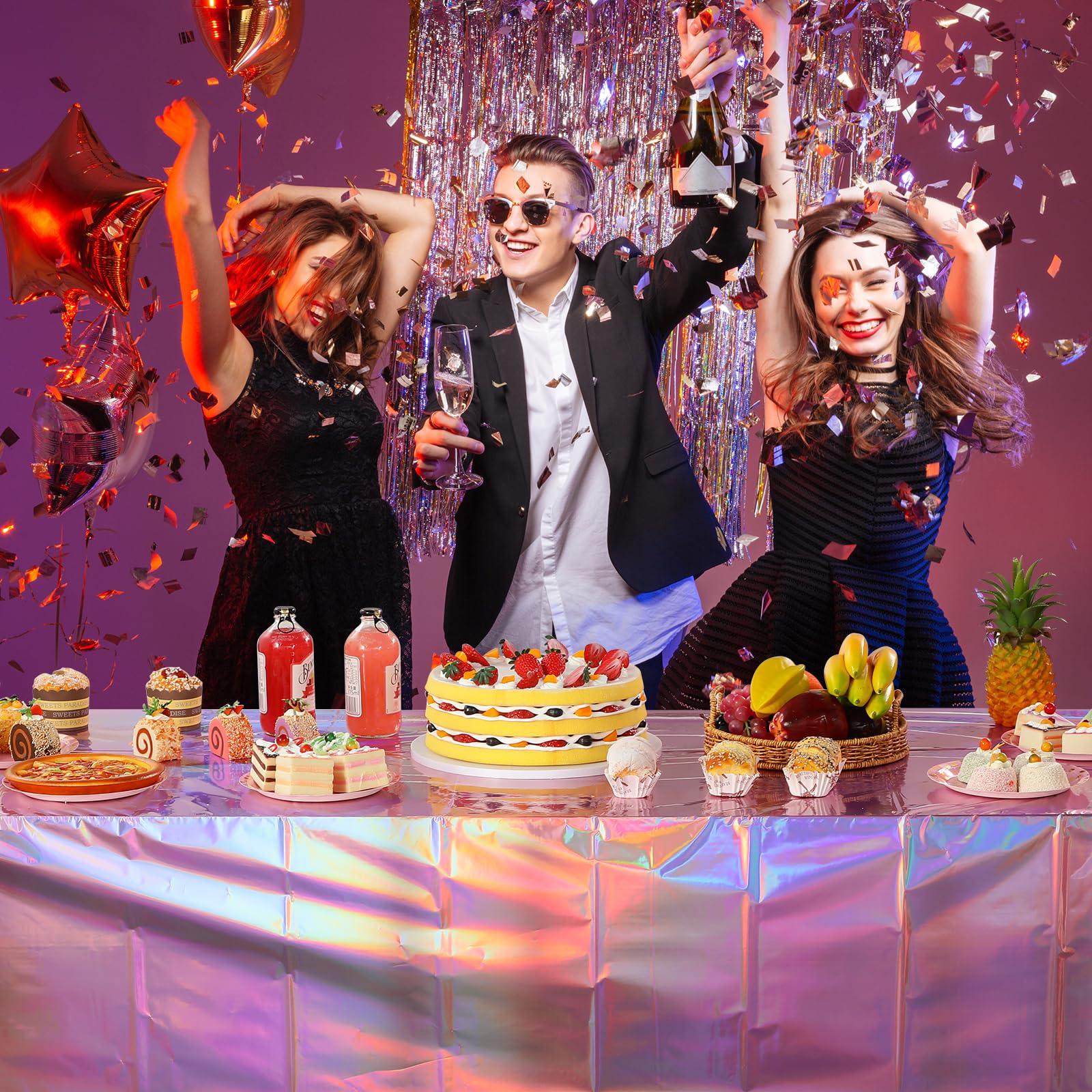 1 Pack Iridescent Pink Plastic Tablecloths, FunnyPars Shiny Disposable Laser Rectangle Table Covers, Holographic Foil Tablecloth Iridescent Party Decorations for Birthday Wedding Christmas, 54x108Inch