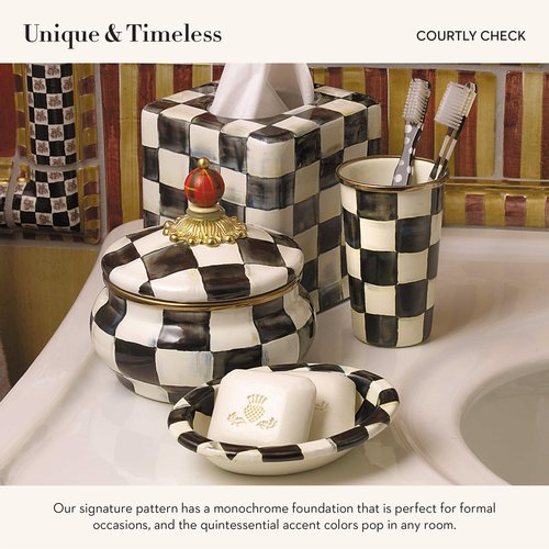 MACKENZIE-CHILDS Enamel Soap Dish, Decorative Soap Holder for Bathroom or Kitchen, Black-and-White Courtly Check