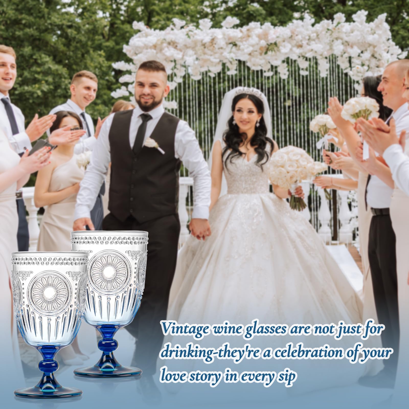 XUWAIDSGN 24Pcs Plastic Vintage Wine Glasses 13.5oz Reusable Embossed Goblet Glasses Blue Gradient Retro Wine Glassware Unbreakable Stemmed Champagne Water Cups for Wine Cocktail Juice Wedding