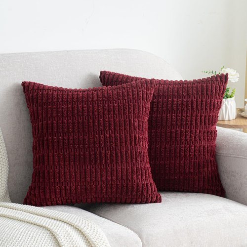 Smile of hope Pack of 2 Burgundy Corduroy Decorative Pillow Covers 18x18 Inch Soft Boho Striped Throw Pillow Covers Modern Farmhouse Home Decor for Sofa Living Room Couch Bed