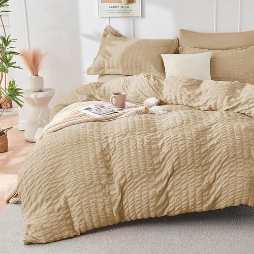 HYMOKEGE King Size Comforter Set - Luxury Seersucker 7-Piece Bedding Set in Khaki | All-Season Comfort