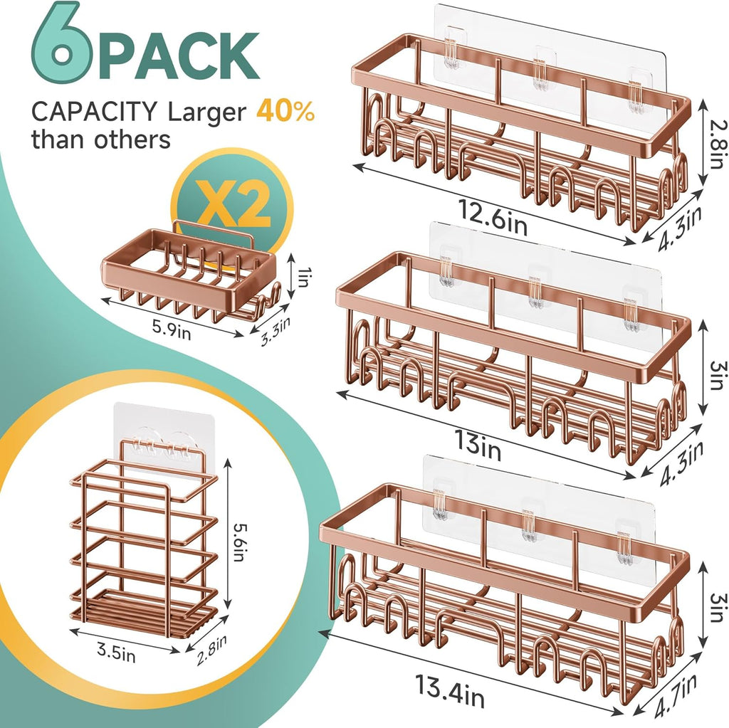 Veken Shower Caddy - Rustproof Waterproof Adhesive Shelves Rack | 6-Pack Large Capacity Rose Gold Bathroom Organizer