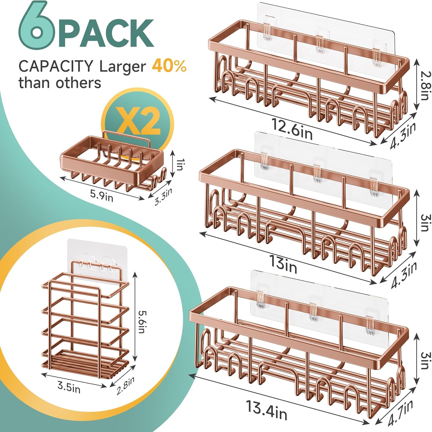 Veken Shower Caddy - Rustproof Waterproof Adhesive Shelves Rack | 6-Pack Large Capacity Rose Gold Bathroom Organizer