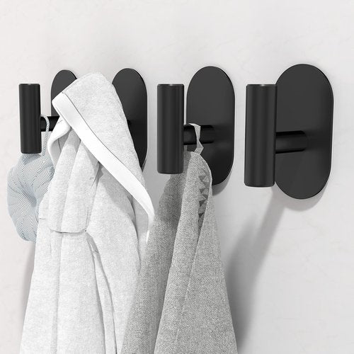 Aikzik Black Adhesive Hooks Heavy Duty, Wall Hooks for Shower, Bathroom, Towel, Coat, Robe, Stainless Steel Hooks for Hanging, Waterproof & Rustproof Sticky Hooks for Walls No Damage- 4 Pack