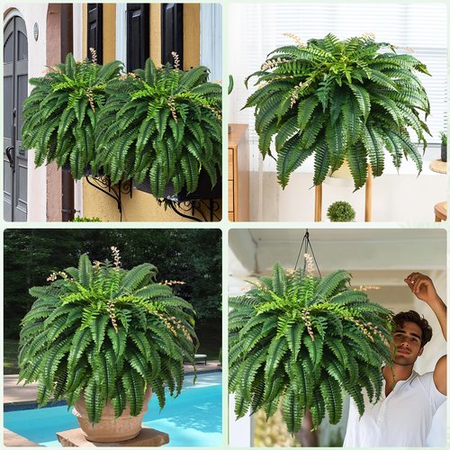 MARTINE MALL 2Pcs 48''/128 Leaves Artificial Ferns for Outdoors Look Real Fake Ferns, Large Faux Boston Ferns for Outdoor Planter Realistic UV Resistant Artificial Fake Plants for Porch Patio Hanging