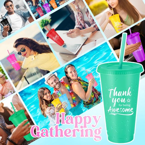 Skylety 96 Pcs Employee Appreciation Gifts Bulk 24 oz Plastic Tumbler with Lid Straw Social Worker Gift Plastic Cup Thank You Gift for Coworker Volunteer Staff Teacher Office Team (Cute Color)