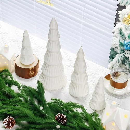 4 Pcs 12.5inch Ceramic Christmas Tree White Table Top Christmas Decorations Indoor Vintage Porcelain Lighted Tree for Holiday Decor (Beige)
