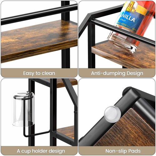 Homedawn Coffee Syrup Rack Organizer, Spice Racks, Syrup Bottle Holder Stand for Coffee Bar, 3-Tier 12 Bottles Storage Shelves for Syrup, Wine, Dressing for Kitchen Countertop, Rustic Brown & Black