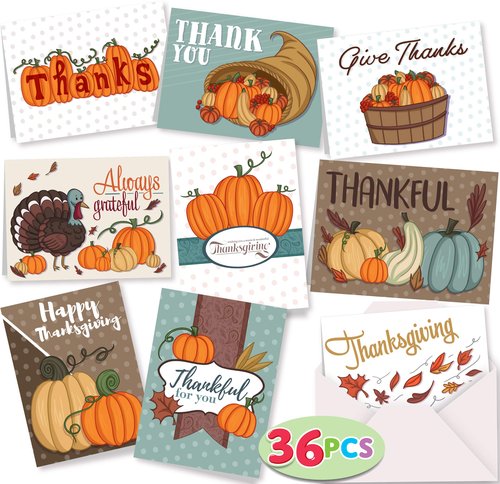 JOYIN 36Pcs Thanksgiving Cards Turkey Thank You Greeting Gift Pumpkin Cards for Fall Autumn Holiday Parties Celebrations, Harvest Wedding Dinner