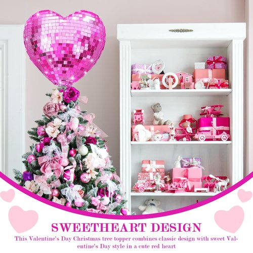 Gejoy Valentine's Day Tree Topper Disco Heart Sequin Ball Treetop Decoration Glitter Heart Ornament Flash Love Topper Decor 9.06'' x 6.69'' for Valentine's Day Party Supplies Gift(Pink)