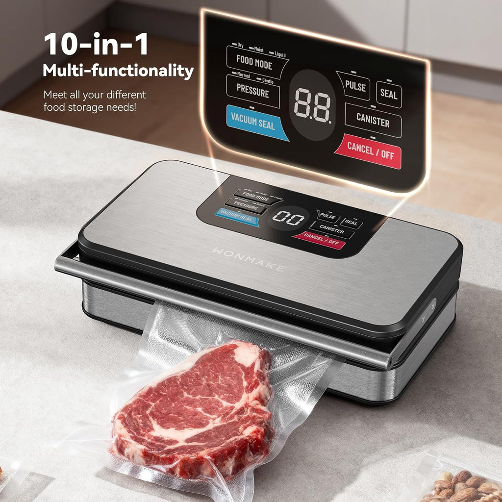 Skiennix Vacuum Sealer - Powerful 95kPa Fully Automatic 10-in-1 Machine with Cutter & Storage | Premium Stainless Steel