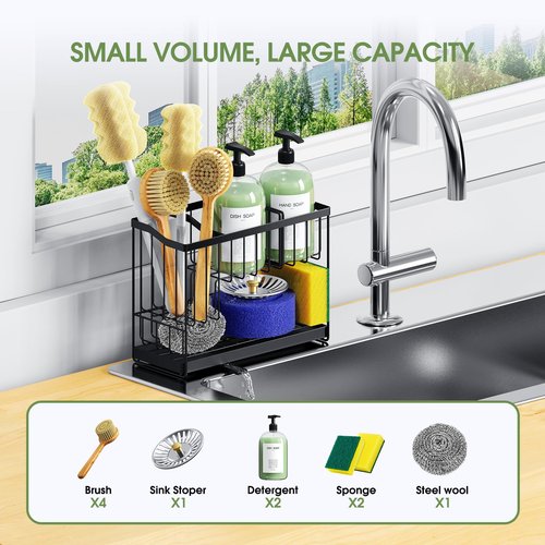 DYFVPOU Kitchen Sink Caddy, 2-Tier Self-Draining Sponge & Dish Brush Holder, Rustproof 304 Stainless Steel Space-Saving Organizer with Drying Tray, Black