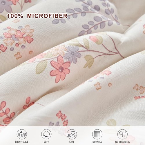 Joyreap 6pcs Cotton Comforter Sheet Set for Girls, Twin Size Bed in a Bag, Pink Floral Design, Soft n Cozy Kids Bedding Comforter Set for All Season- 68x88 inches
