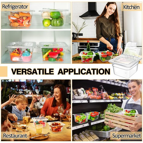 Geetery 12 Packs 4'' Deep Polycarbonate Food Pan with Lid 1/6 Size Stackable Plastic Pan Restaurant Food Storage Containers with Hinged Lids for Hotel Supplies (Clear)