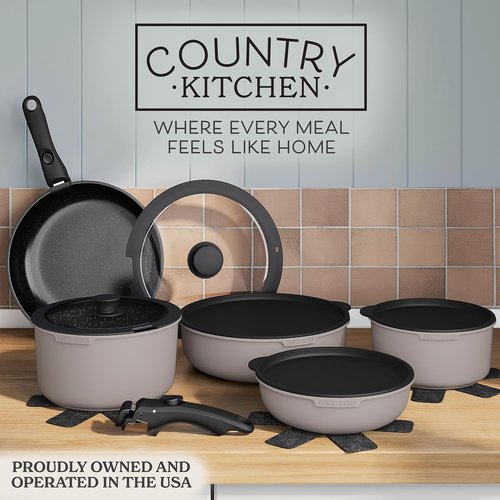 Country Kitchen Cookware Set - Removable Handle, Oven & RV Safe Pots and Pans, Grey/Black