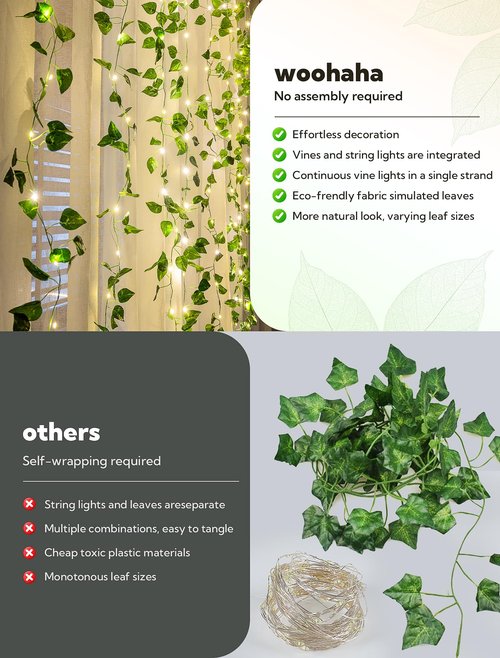 woohaha Vine with Fairy Lights,23ft 73LED Ivy String Light with Battery Operated,Leaf Light for Bedroom, Room, Wall, Garden, Party, Wedding Decor (Warm White)